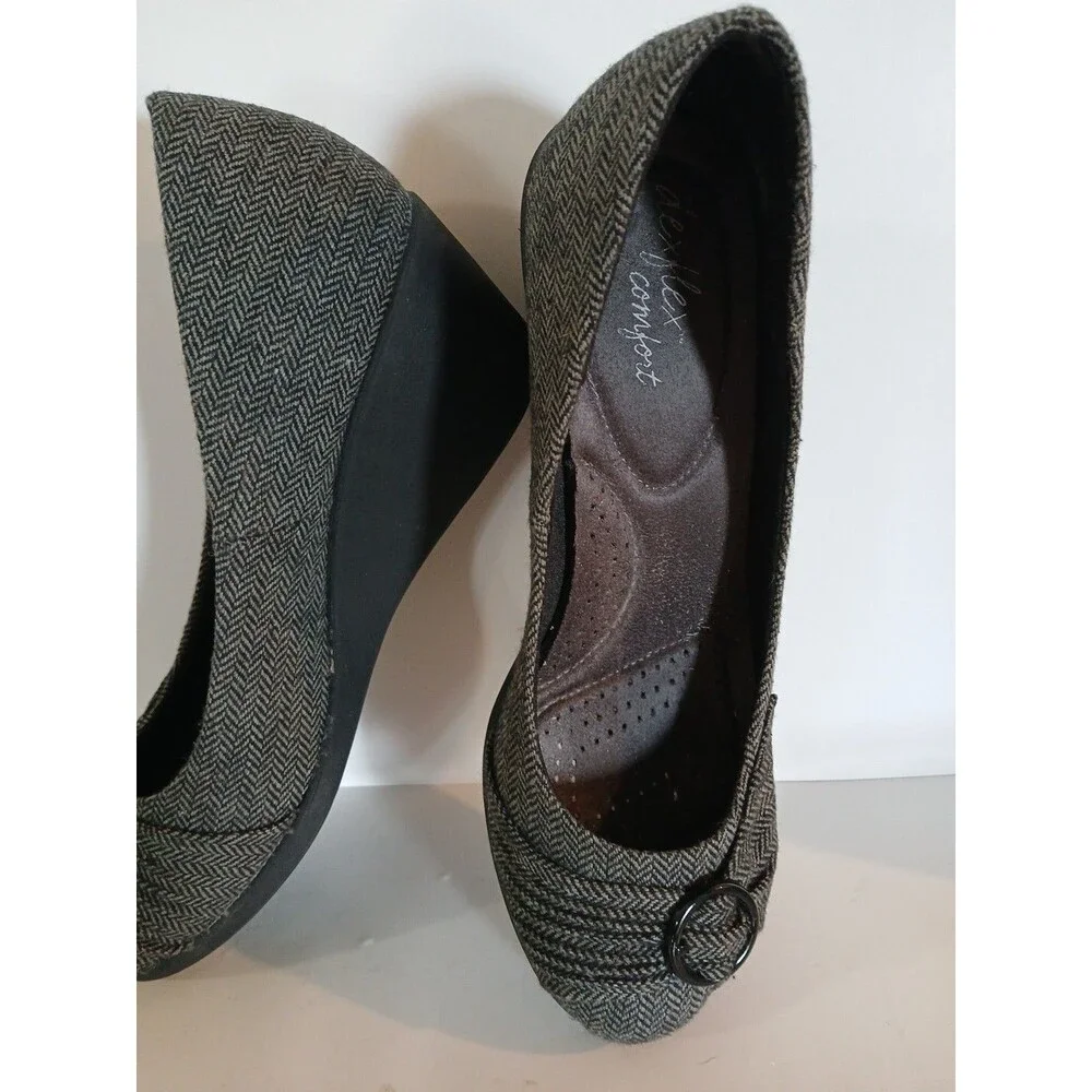 DexFlex Sport Comfort Wedge Gray-Black Plaid Round Buckle Knot  Design  Size-9